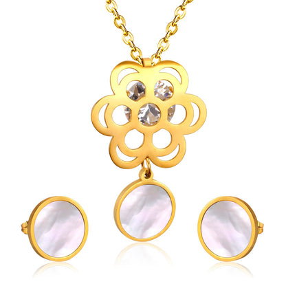 Golden Flower with Round Pendant Surface Set with Seashells Jewelry asonjewelry