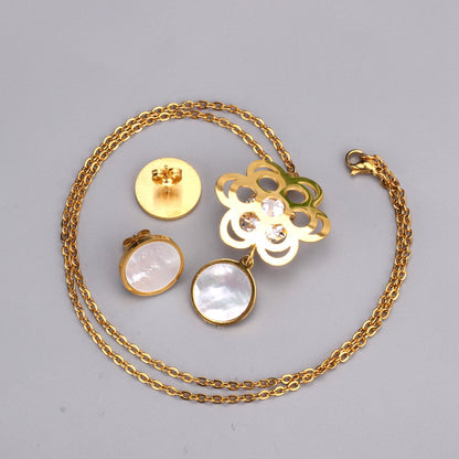 Golden Flower with Round Pendant Surface Set with Seashells Jewelry asonjewelry