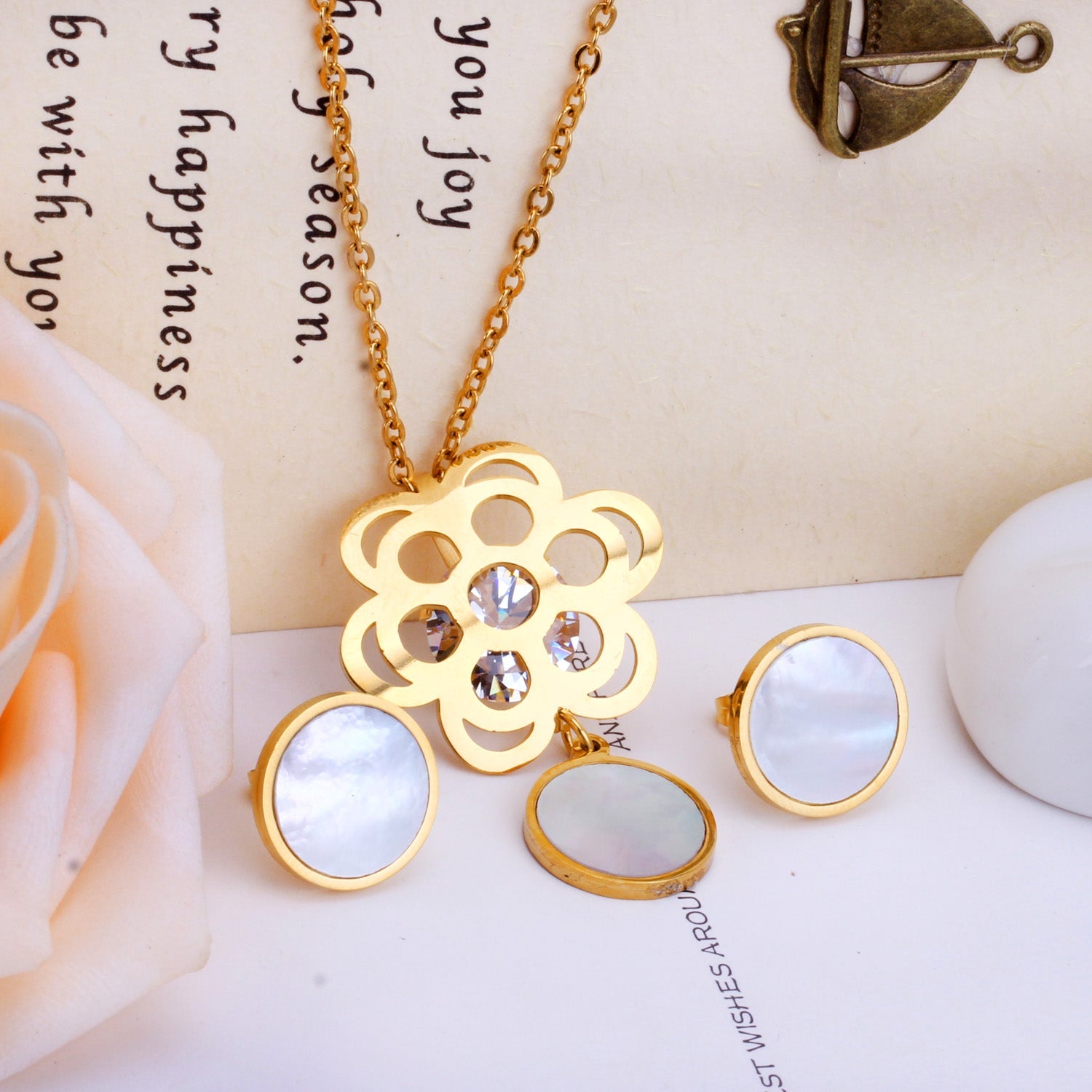 Golden Flower with Round Pendant Surface Set with Seashells Jewelry asonjewelry