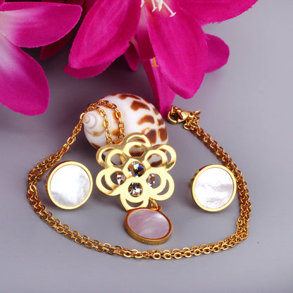 Golden Flower with Round Pendant Surface Set with Seashells Jewelry asonjewelry