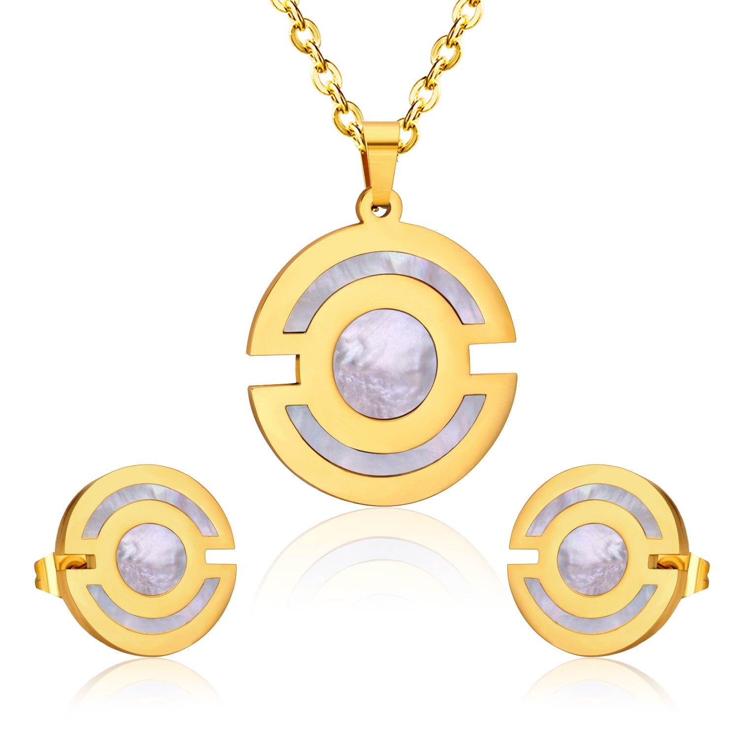 Gold Round Pendant with Two Xichang Scalloped Sticky Shells Jewelry Set asonjewelry