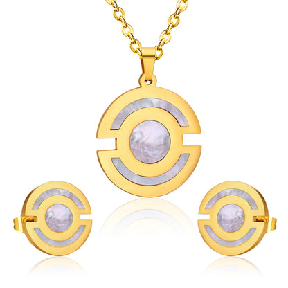 Gold Round Pendant with Two Xichang Scalloped Sticky Shells Jewelry Set asonjewelry