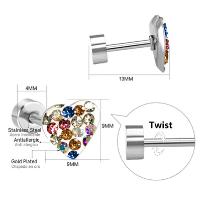 12 pairs 9mm steel/golden heart shaped sludge mix/five colors/white white sludge screw plugs asonjewelry