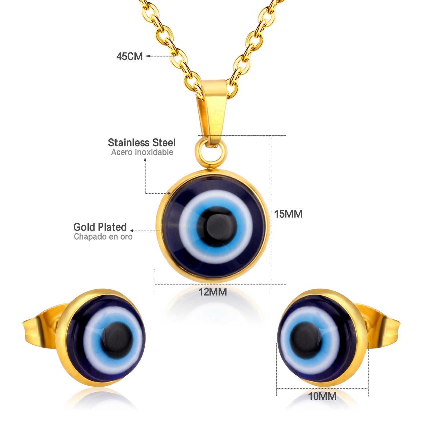 Gold/Steel Simple Style Single Blue Eye Bead Jewelry Set asonjewelry
