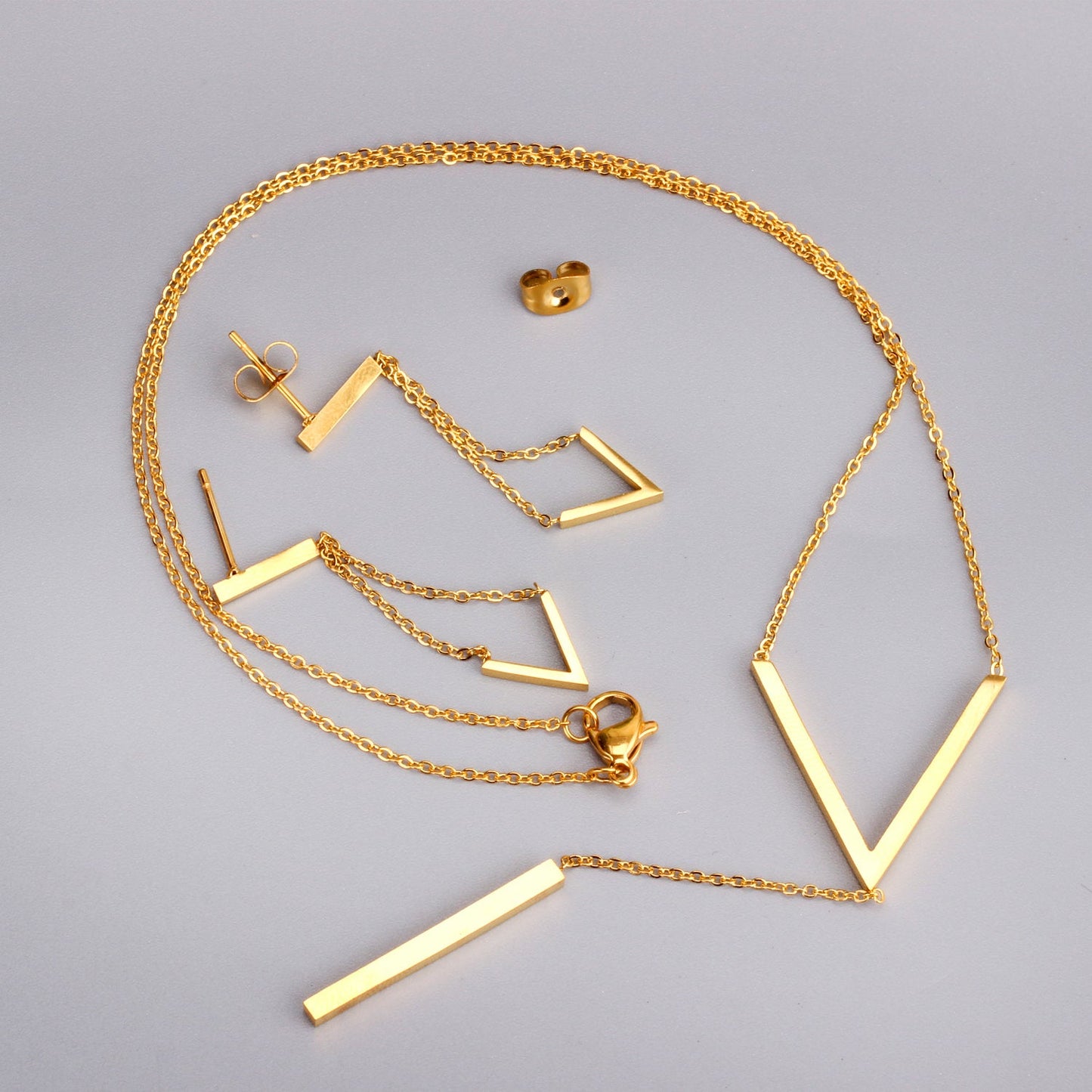 Steel/Gold/Rose Gold Glossy V-Shape Jewelry Set asonjewelry