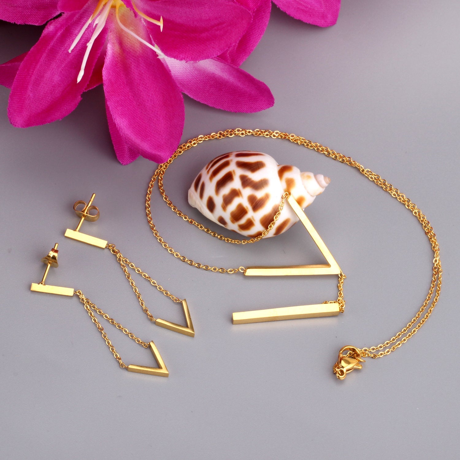 Steel/Gold/Rose Gold Glossy V-Shape Jewelry Set asonjewelry