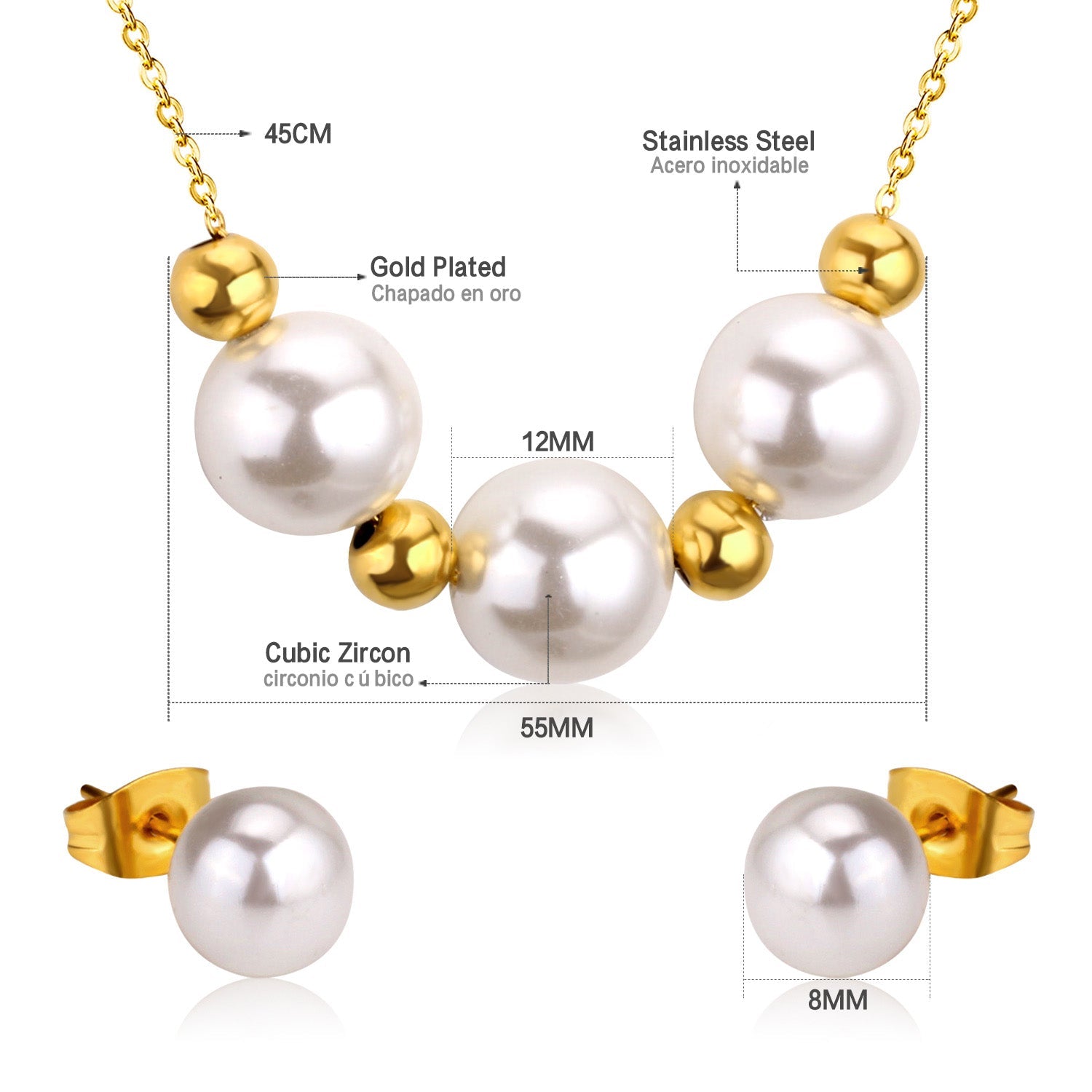 Gold/Steel Three White Pearls + 4 Gold Beads Jewelry Set asonjewelry