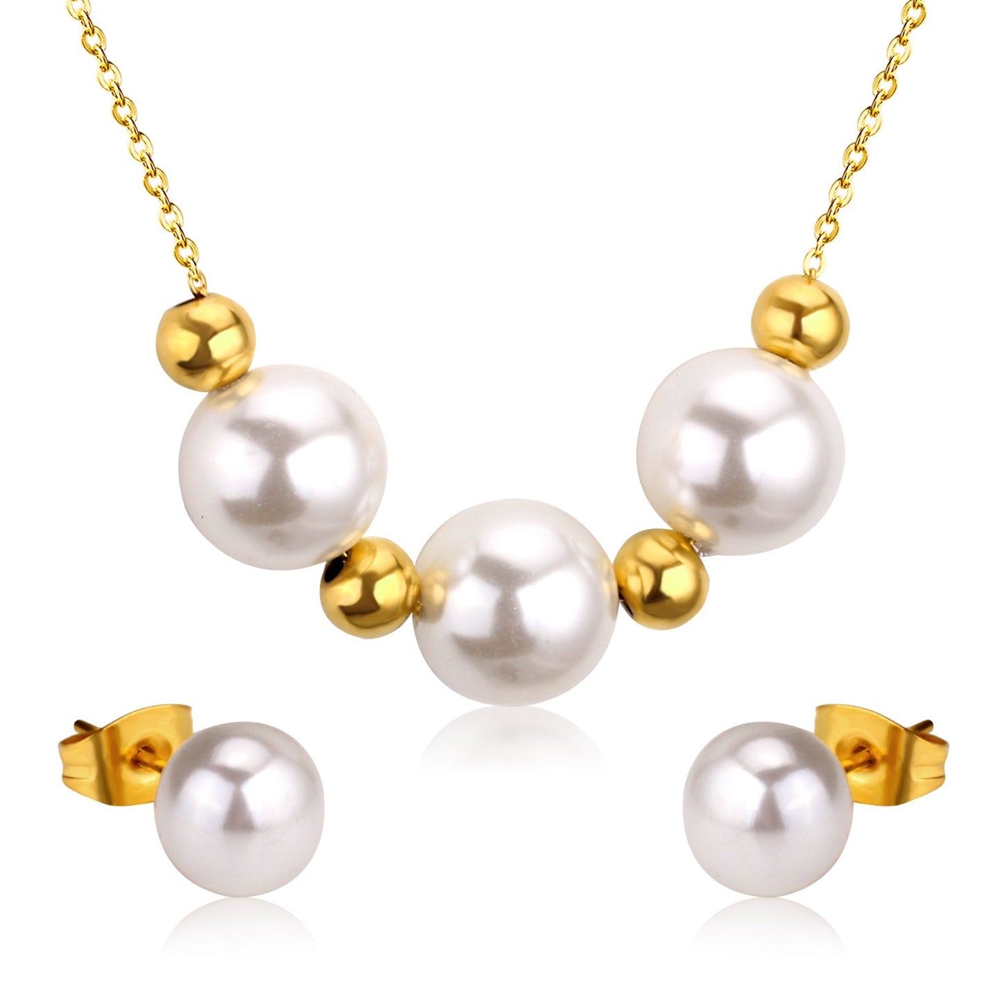 Gold/Steel Three White Pearls + 4 Gold Beads Jewelry Set asonjewelry