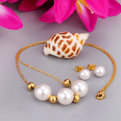 Gold/Steel Three White Pearls + 4 Gold Beads Jewelry Set asonjewelry