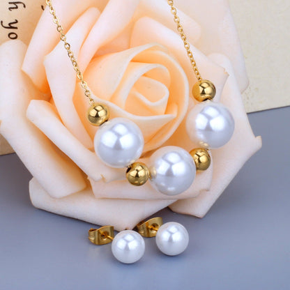 Gold/Steel Three White Pearls + 4 Gold Beads Jewelry Set asonjewelry