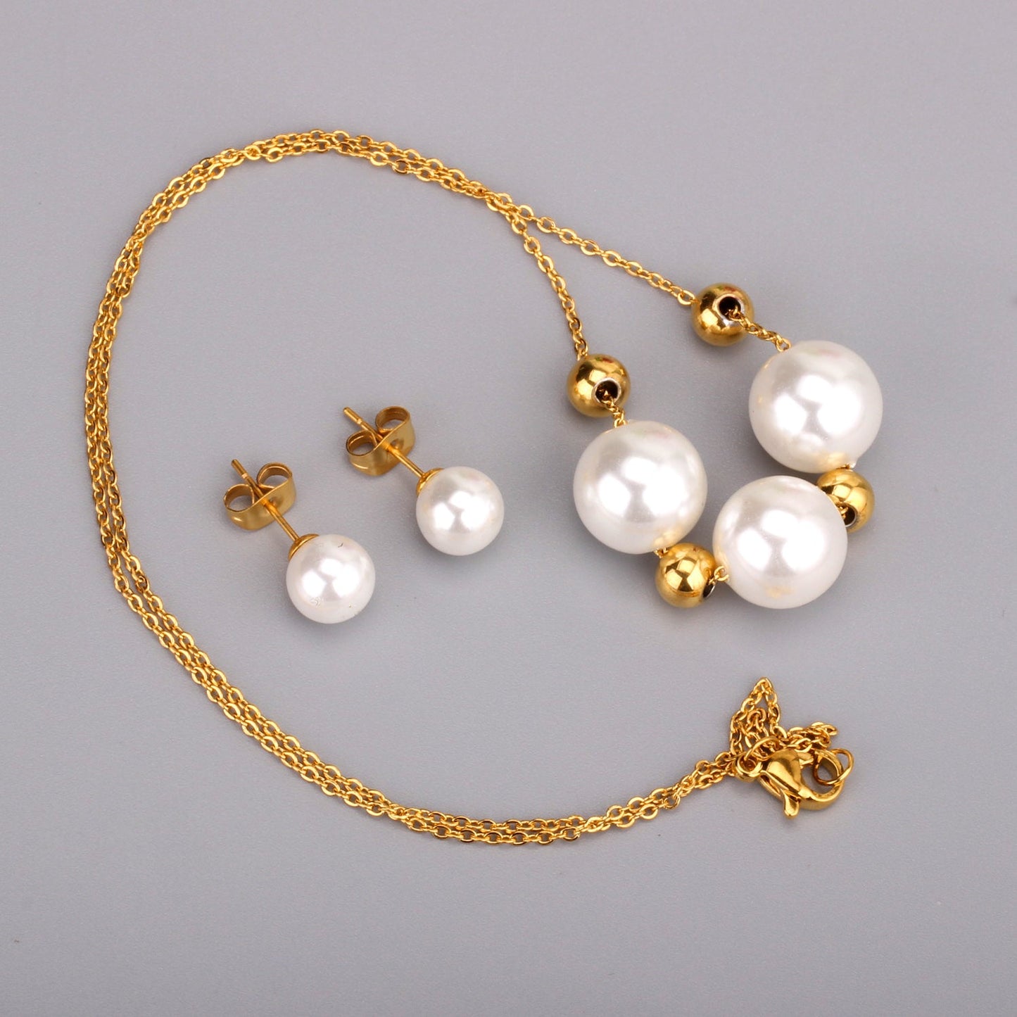 Gold/Steel Three White Pearls + 4 Gold Beads Jewelry Set asonjewelry