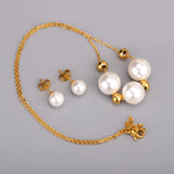 Gold/Steel Three White Pearls + 4 Gold Beads Jewelry Set