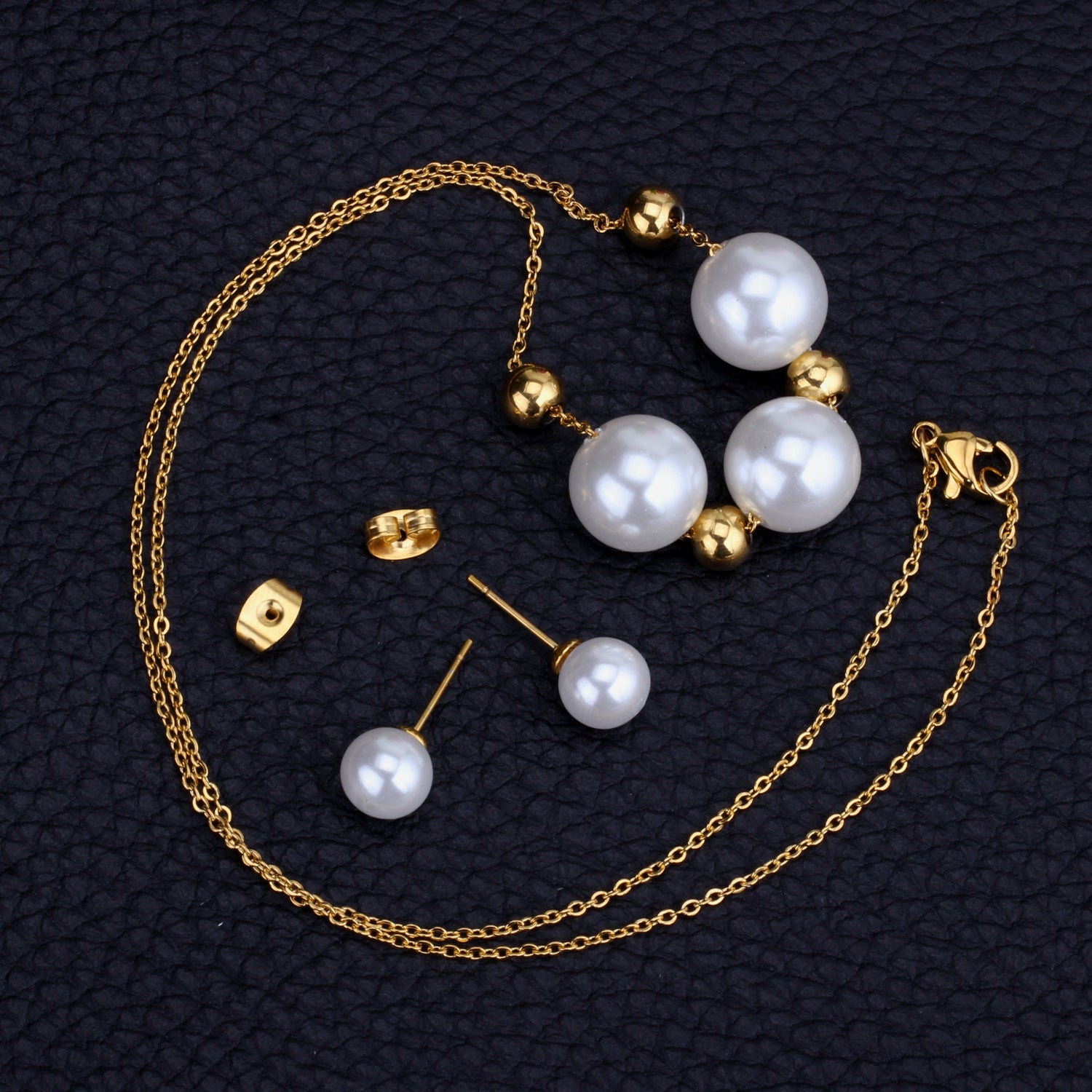 Gold/Steel Three White Pearls + 4 Gold Beads Jewelry Set asonjewelry