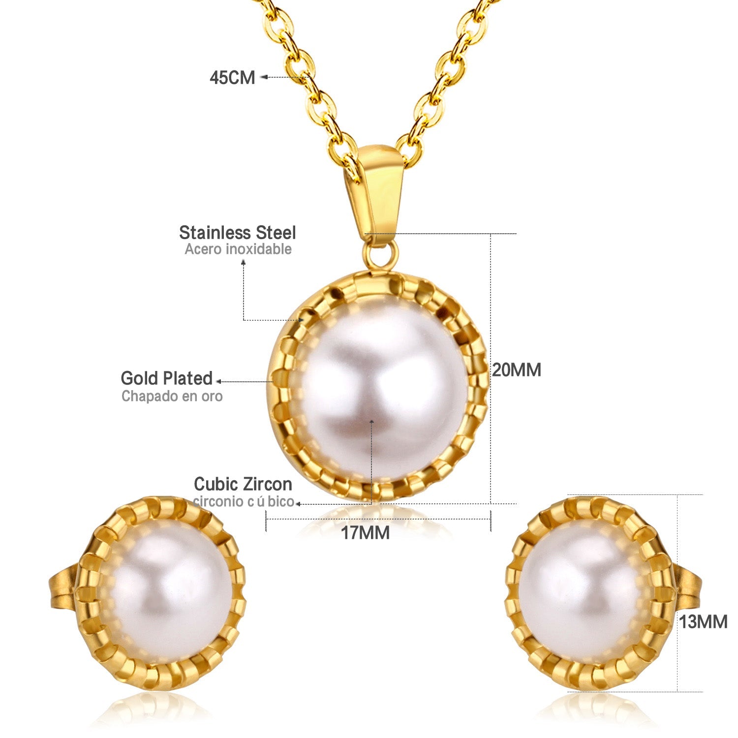 Gold/steel half pearl standing on top of round cake jewelry set asonjewelry