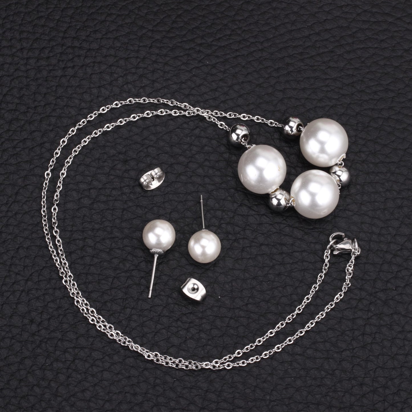 Gold/Steel Three White Pearls + 4 Gold Beads Jewelry Set asonjewelry