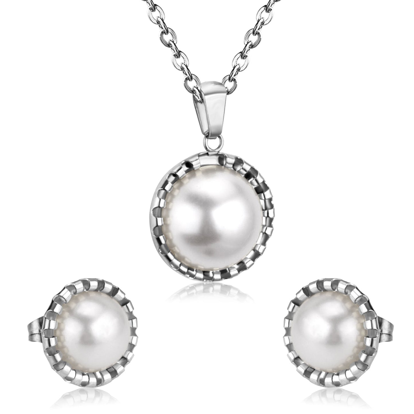 Gold/steel half pearl standing on top of round cake jewelry set asonjewelry