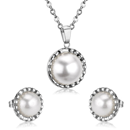 Gold/steel half pearl standing on top of round cake jewelry set asonjewelry