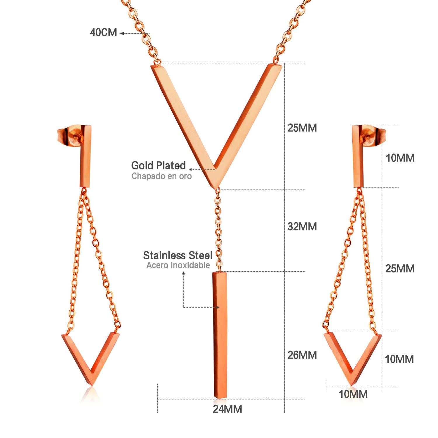 Steel/Gold/Rose Gold Glossy V-Shape Jewelry Set asonjewelry