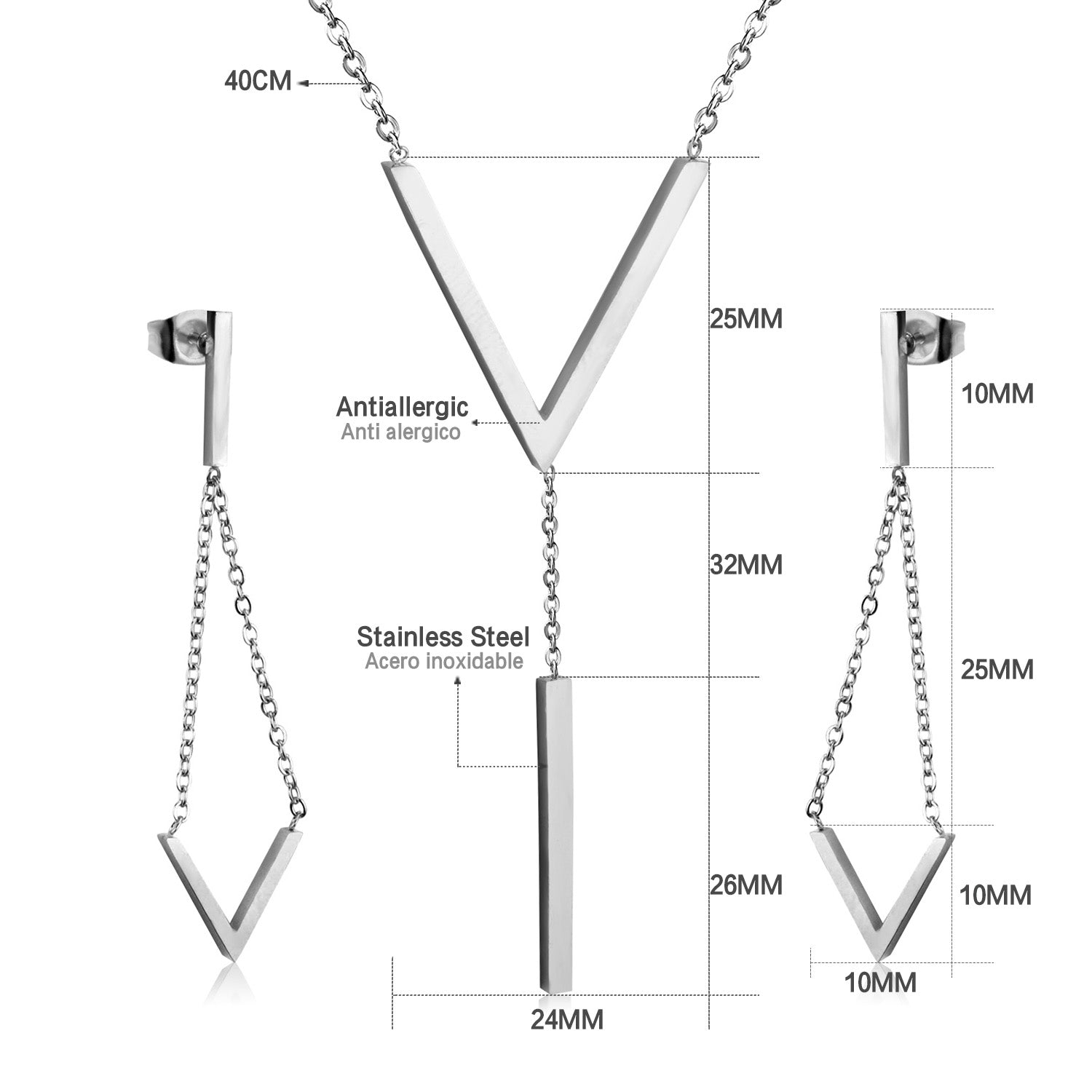 Steel/Gold/Rose Gold Glossy V-Shape Jewelry Set asonjewelry