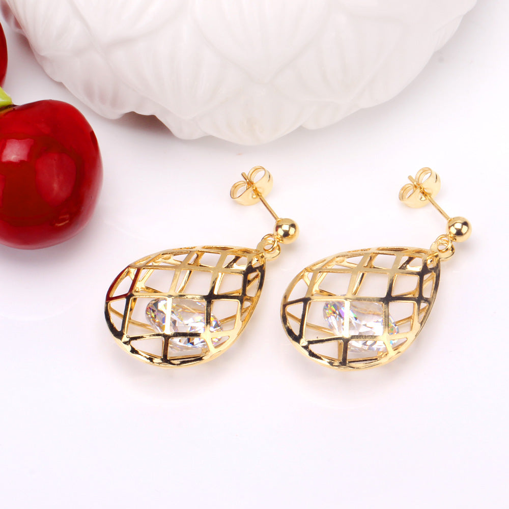 Gold/steel emery mesh hollowed out teardrop interior + diamond jewelry set asonjewelry