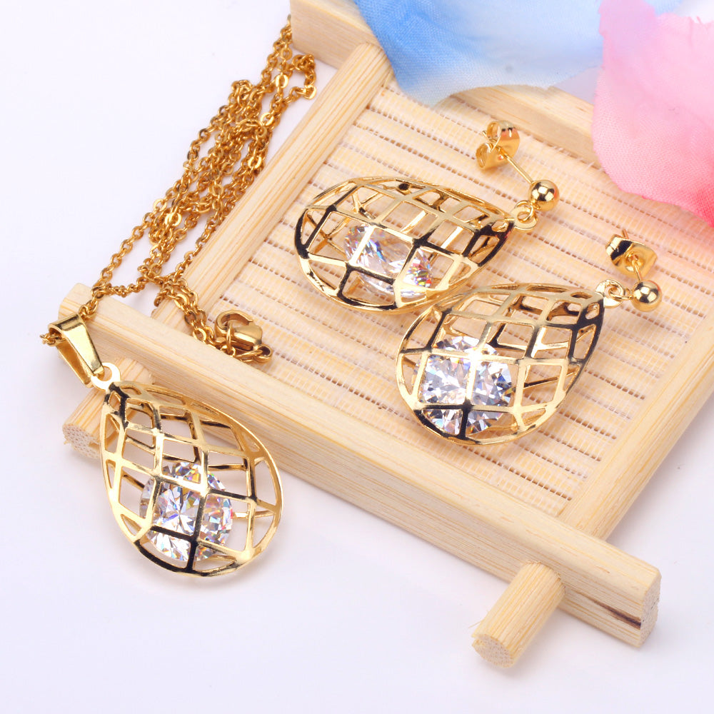 Gold/steel emery mesh hollowed out teardrop interior + diamond jewelry set asonjewelry