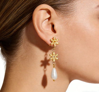 Gold Flower & Teardrop Faux Pearl Stud Earrings 10mm Floral Design 6*12mm Faux Pearl Minimalist Modern Alloy Gold Plated Earrings for Women Everyday Casual Wear asonjewelry