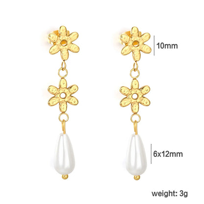 Gold Flower & Teardrop Faux Pearl Stud Earrings 10mm Floral Design 6*12mm Faux Pearl Minimalist Modern Alloy Gold Plated Earrings for Women Everyday Casual Wear asonjewelry