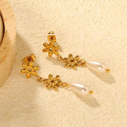 Gold Flower & Teardrop Faux Pearl Stud Earrings 10mm Floral Design 6*12mm Faux Pearl Minimalist Modern Alloy Gold Plated Earrings for Women Everyday Casual Wear asonjewelry