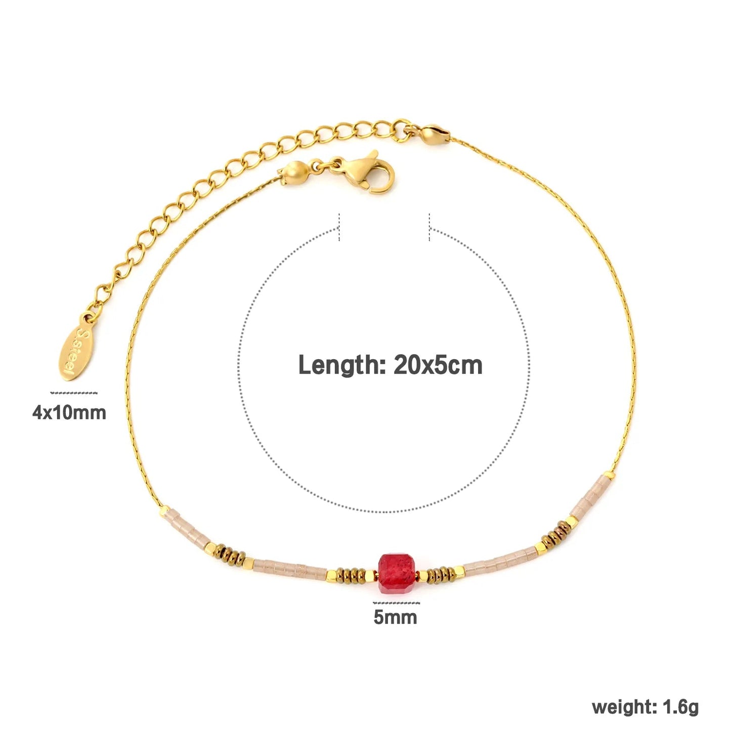 5mm Redstone/Blackstone/Greenstone/Purple Stone Anklet Gold 0.6mm Cross Chain 20+5cm + 4*10mm Oval Tag asonjewelry