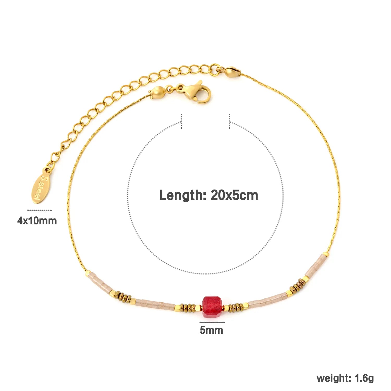 5mm Redstone/Blackstone/Greenstone/Purple Stone Anklet Gold 0.6mm Cross Chain 20+5cm + 4*10mm Oval Tag asonjewelry