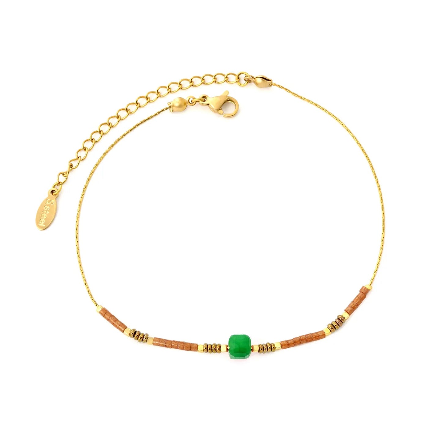 5mm Redstone/Blackstone/Greenstone/Purple Stone Anklet Gold 0.6mm Cross Chain 20+5cm + 4*10mm Oval Tag asonjewelry