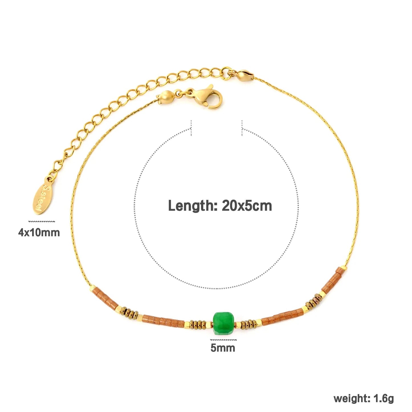 5mm Redstone/Blackstone/Greenstone/Purple Stone Anklet Gold 0.6mm Cross Chain 20+5cm + 4*10mm Oval Tag asonjewelry