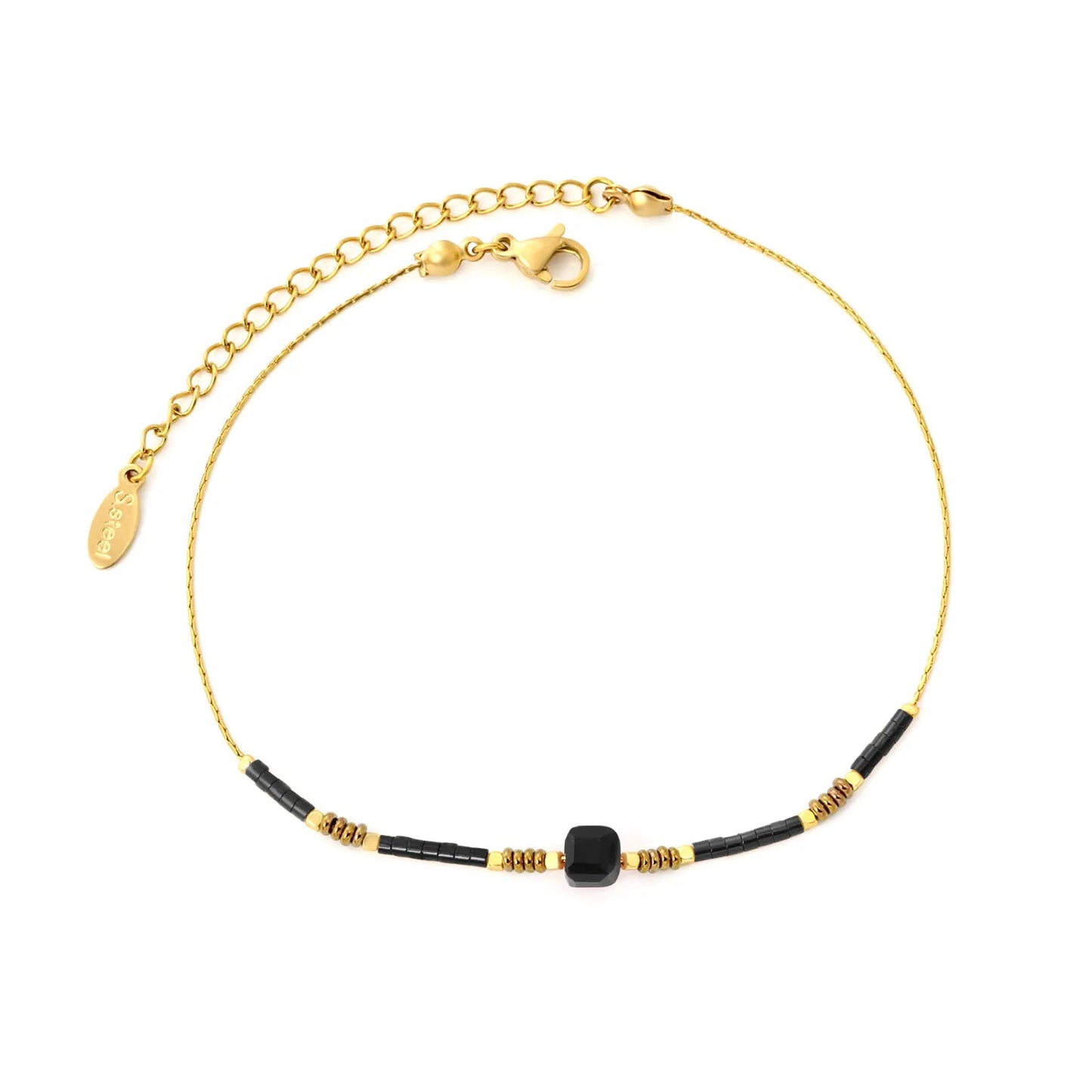 5mm Redstone/Blackstone/Greenstone/Purple Stone Anklet Gold 0.6mm Cross Chain 20+5cm + 4*10mm Oval Tag asonjewelry