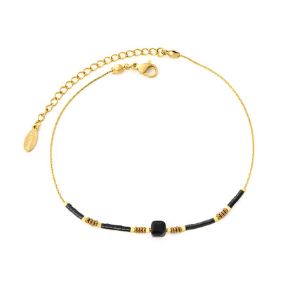 5mm Redstone/Blackstone/Greenstone/Purple Stone Anklet Gold 0.6mm Cross Chain 20+5cm + 4*10mm Oval Tag asonjewelry