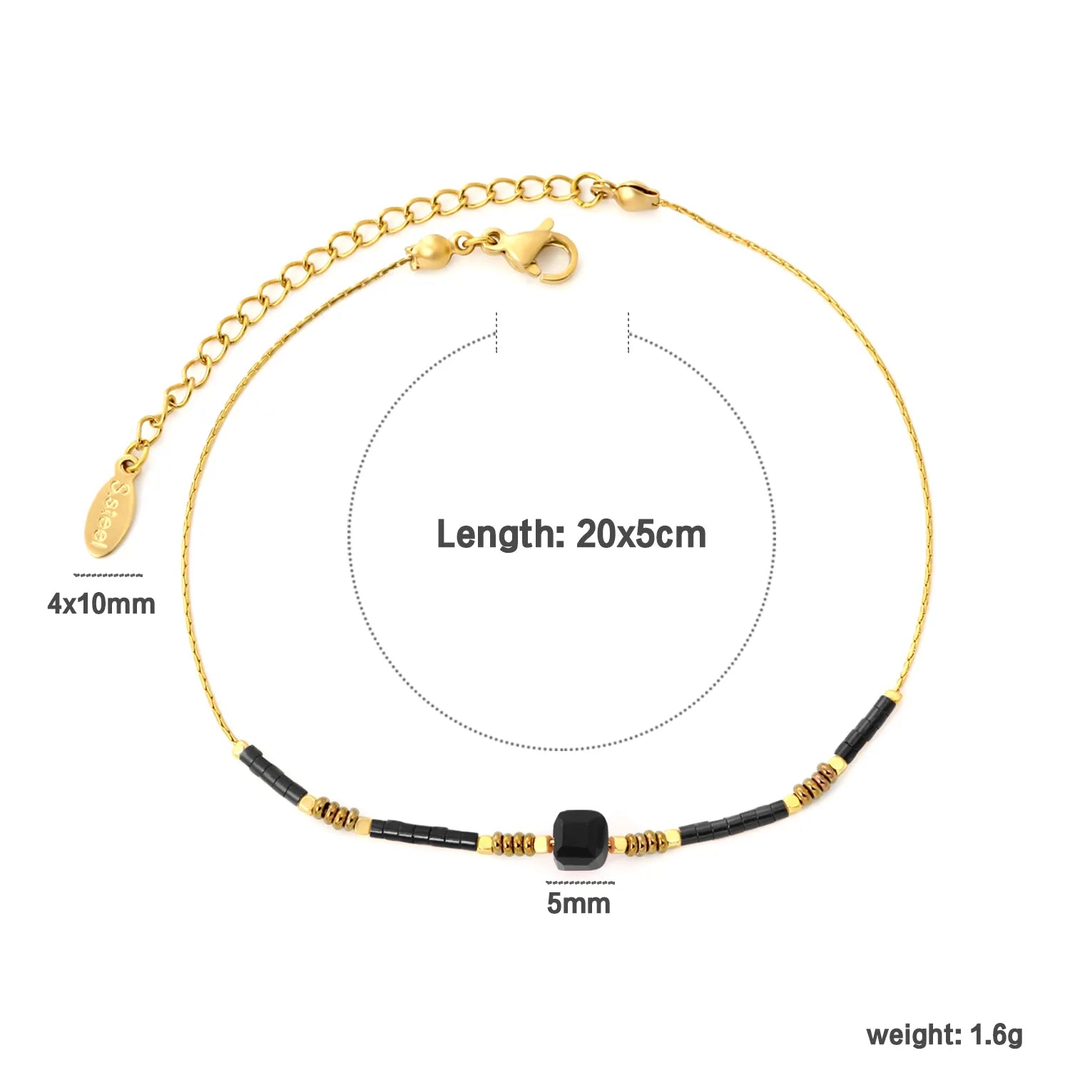 5mm Redstone/Blackstone/Greenstone/Purple Stone Anklet Gold 0.6mm Cross Chain 20+5cm + 4*10mm Oval Tag asonjewelry