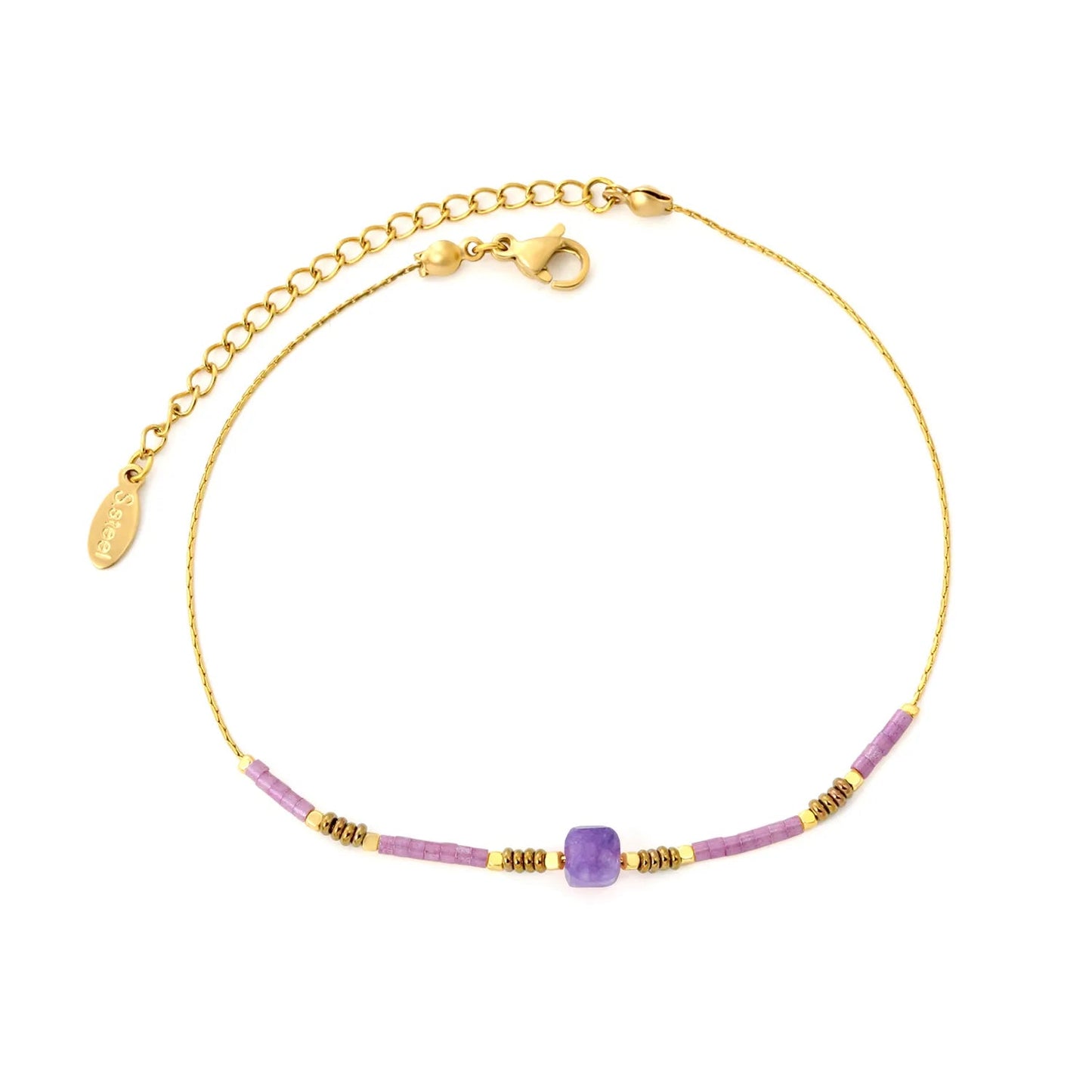 5mm Redstone/Blackstone/Greenstone/Purple Stone Anklet Gold 0.6mm Cross Chain 20+5cm + 4*10mm Oval Tag asonjewelry