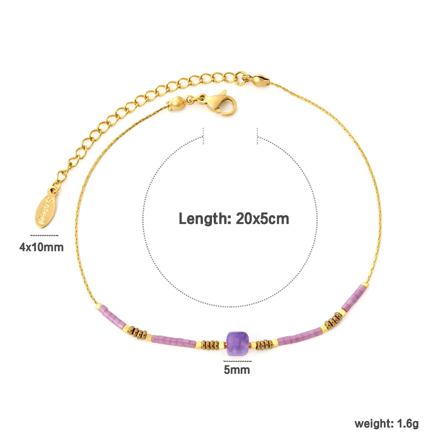 5mm Redstone/Blackstone/Greenstone/Purple Stone Anklet Gold 0.6mm Cross Chain 20+5cm + 4*10mm Oval Tag asonjewelry