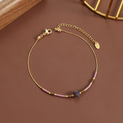 5mm Redstone/Blackstone/Greenstone/Purple Stone Anklet Gold 0.6mm Cross Chain 20+5cm + 4*10mm Oval Tag asonjewelry