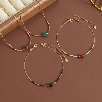 5mm Redstone/Blackstone/Greenstone/Purple Stone Anklet Gold 0.6mm Cross Chain 20+5cm + 4*10mm Oval Tag asonjewelry