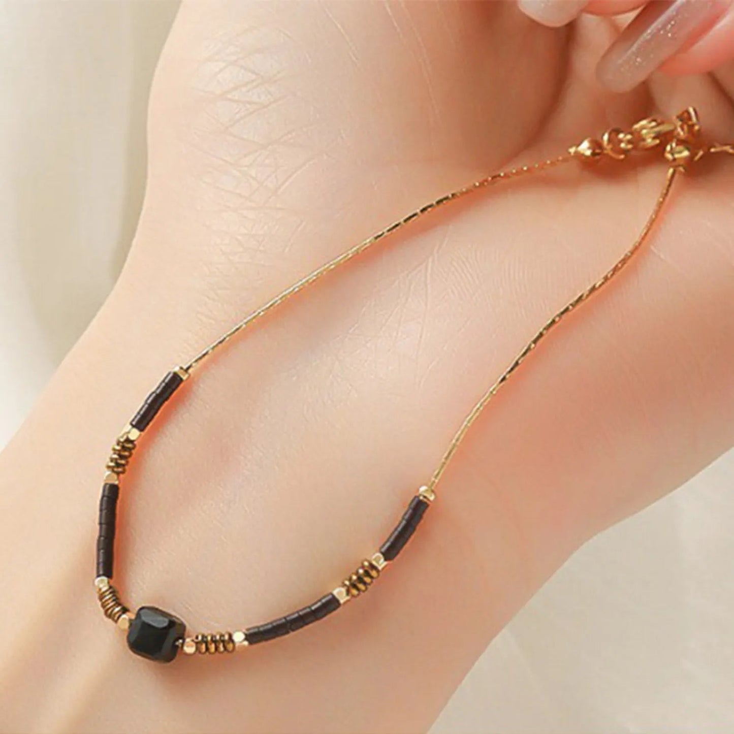 5mm Redstone/Blackstone/Greenstone/Purple Stone Anklet Gold 0.6mm Cross Chain 20+5cm + 4*10mm Oval Tag asonjewelry