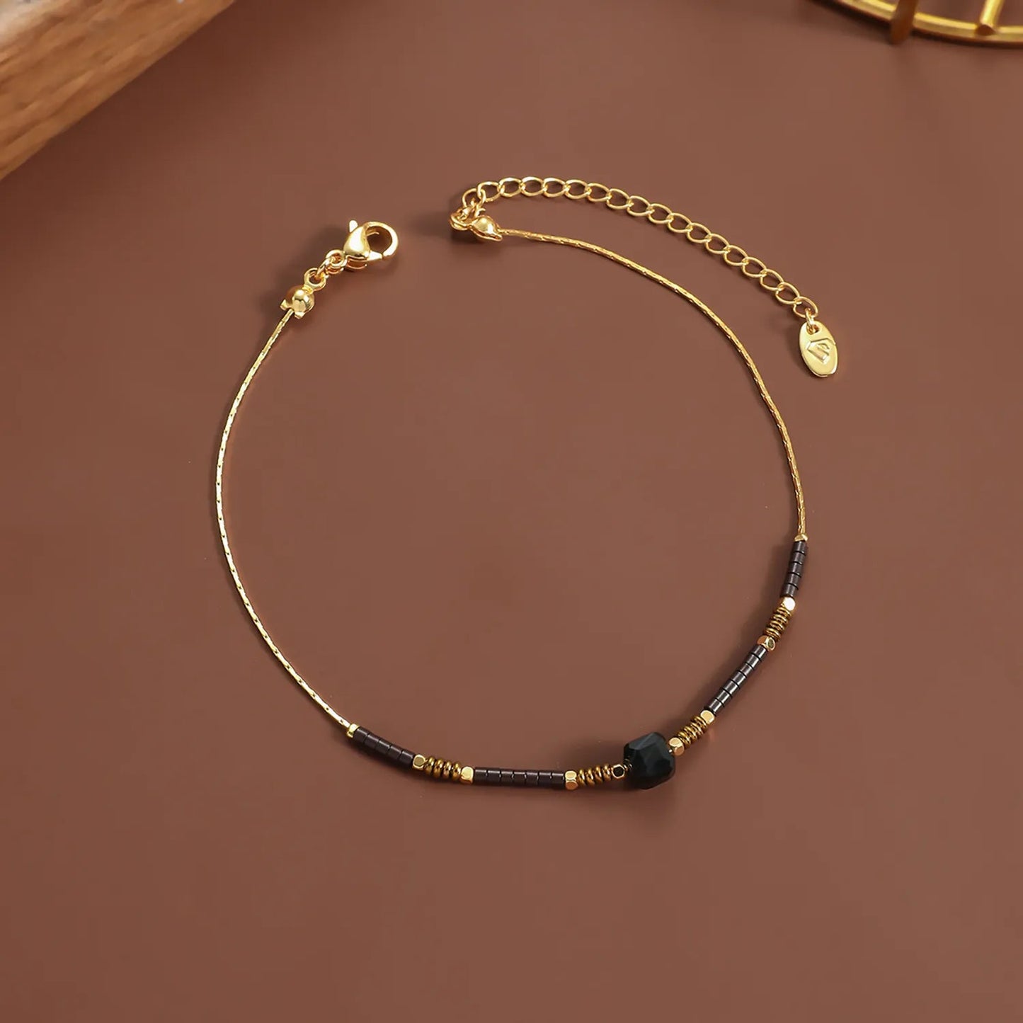 5mm Redstone/Blackstone/Greenstone/Purple Stone Anklet Gold 0.6mm Cross Chain 20+5cm + 4*10mm Oval Tag asonjewelry