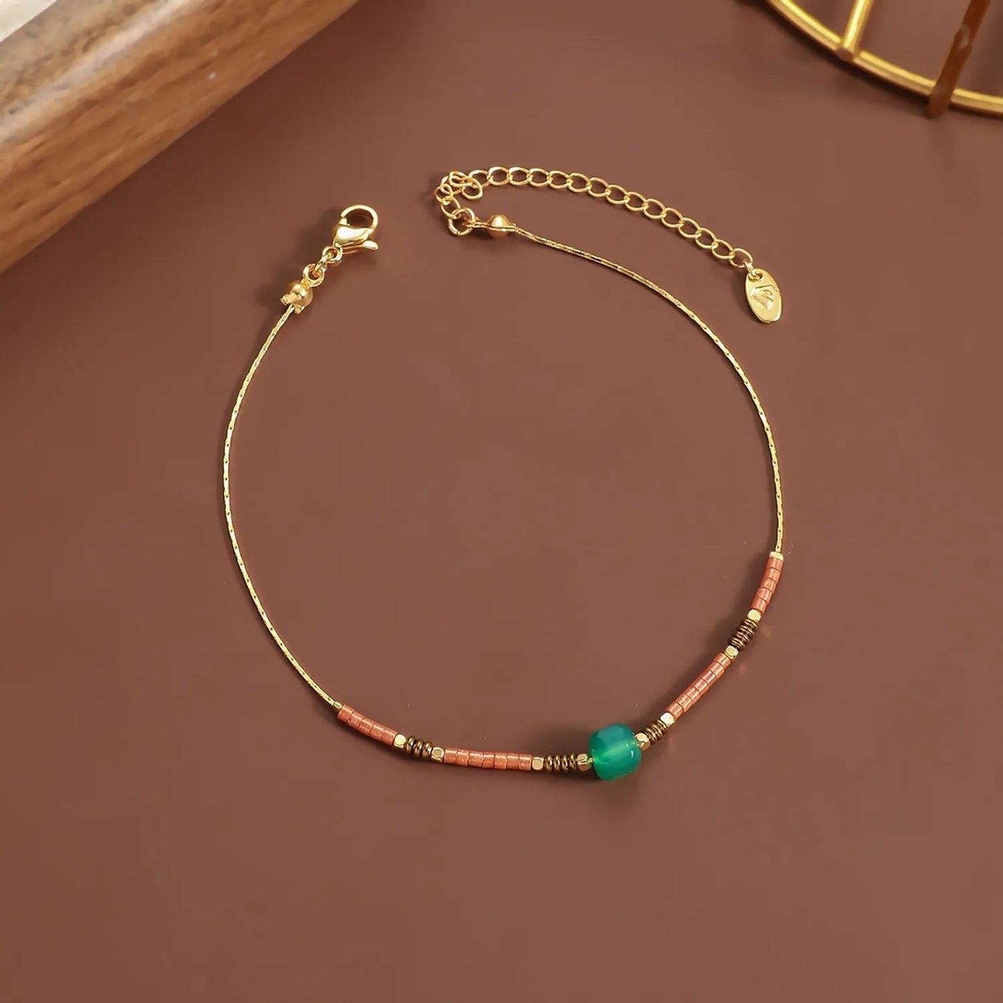 5mm Redstone/Blackstone/Greenstone/Purple Stone Anklet Gold 0.6mm Cross Chain 20+5cm + 4*10mm Oval Tag asonjewelry