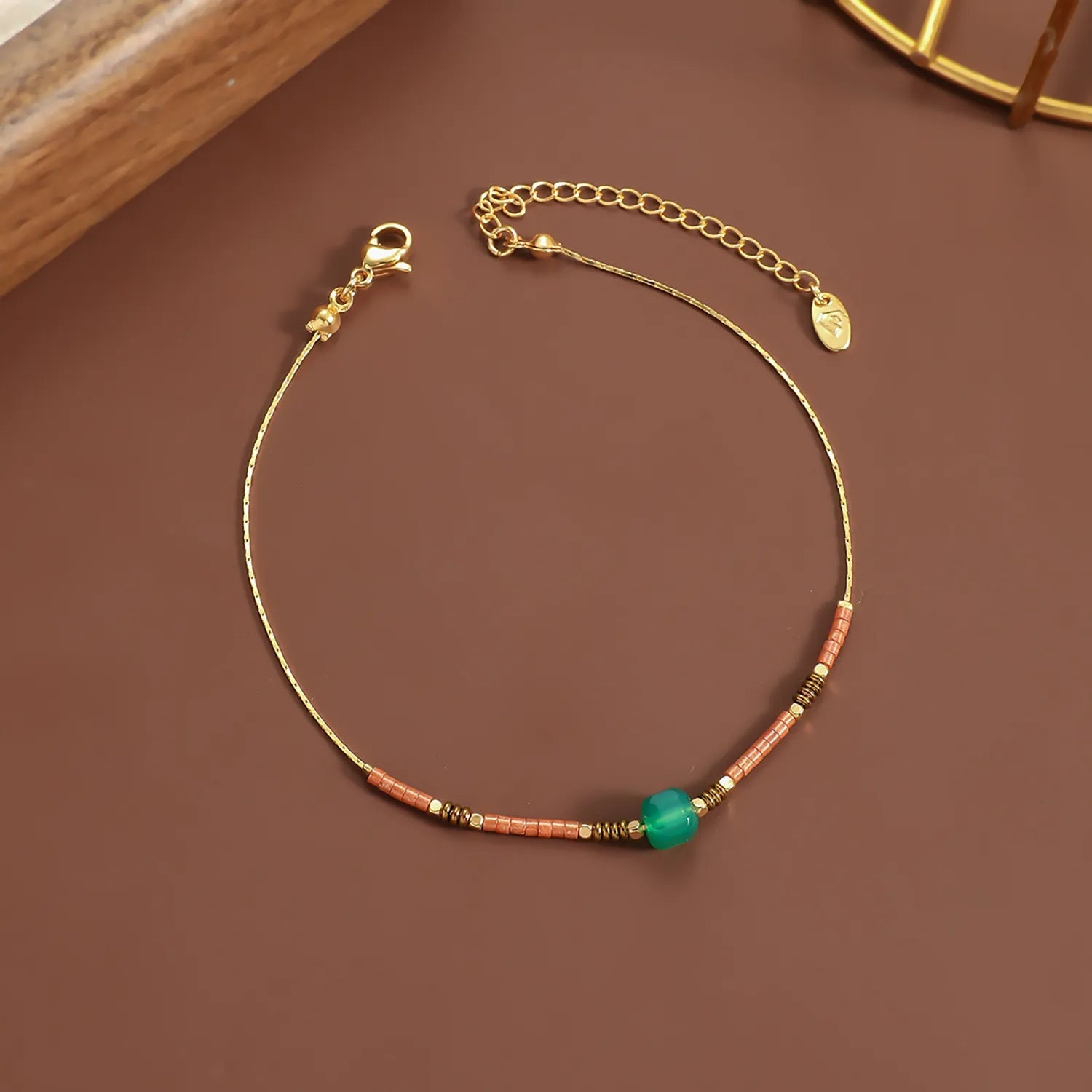 5mm Redstone/Blackstone/Greenstone/Purple Stone Anklet Gold 0.6mm Cross Chain 20+5cm + 4*10mm Oval Tag asonjewelry