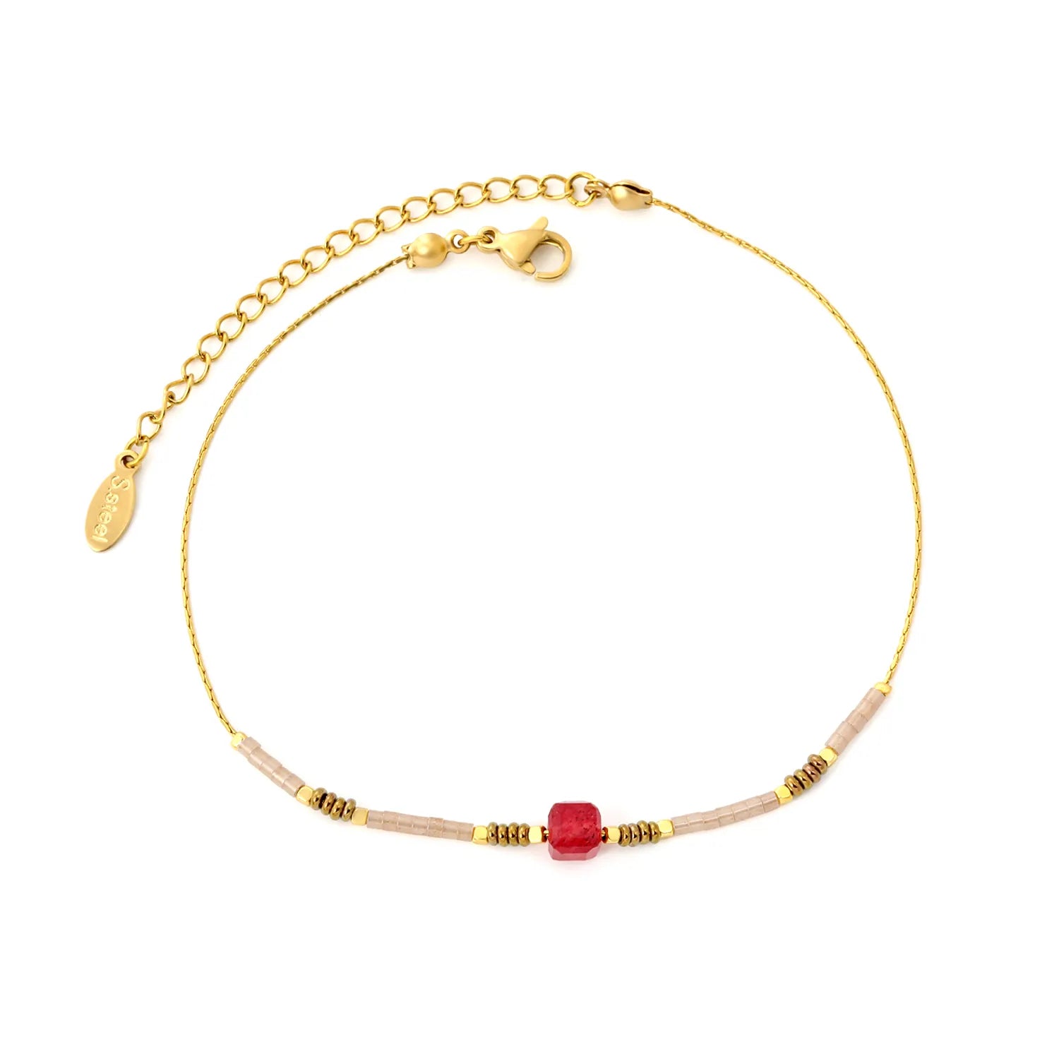 5mm Redstone/Blackstone/Greenstone/Purple Stone Anklet Gold 0.6mm Cross Chain 20+5cm + 4*10mm Oval Tag asonjewelry