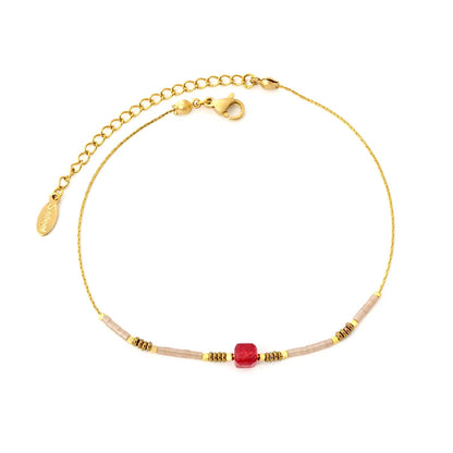 5mm Redstone/Blackstone/Greenstone/Purple Stone Anklet Gold 0.6mm Cross Chain 20+5cm + 4*10mm Oval Tag asonjewelry