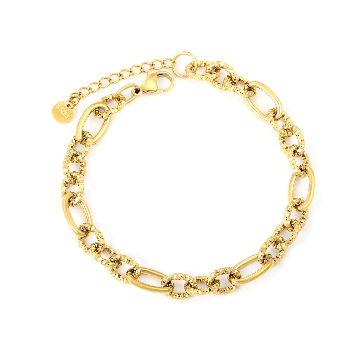 Width 8mm thickness 2mm oval shape with aspect ratio 3:1 embossed chain 18+3cm+6mm round end tag bracelet steel color/golden asonjewelry