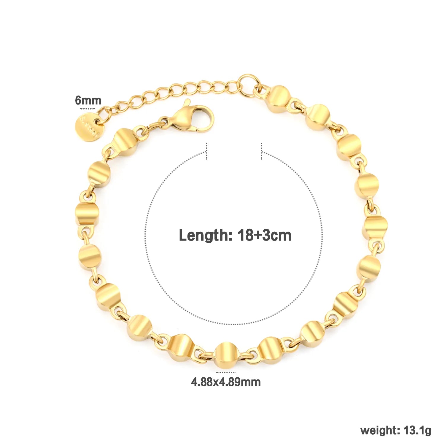 Width 5mm, thickness 5mm, special-shaped bead-link chain, 18+3cm+6mm round tail label, bracelet, steel color/golden asonjewelry