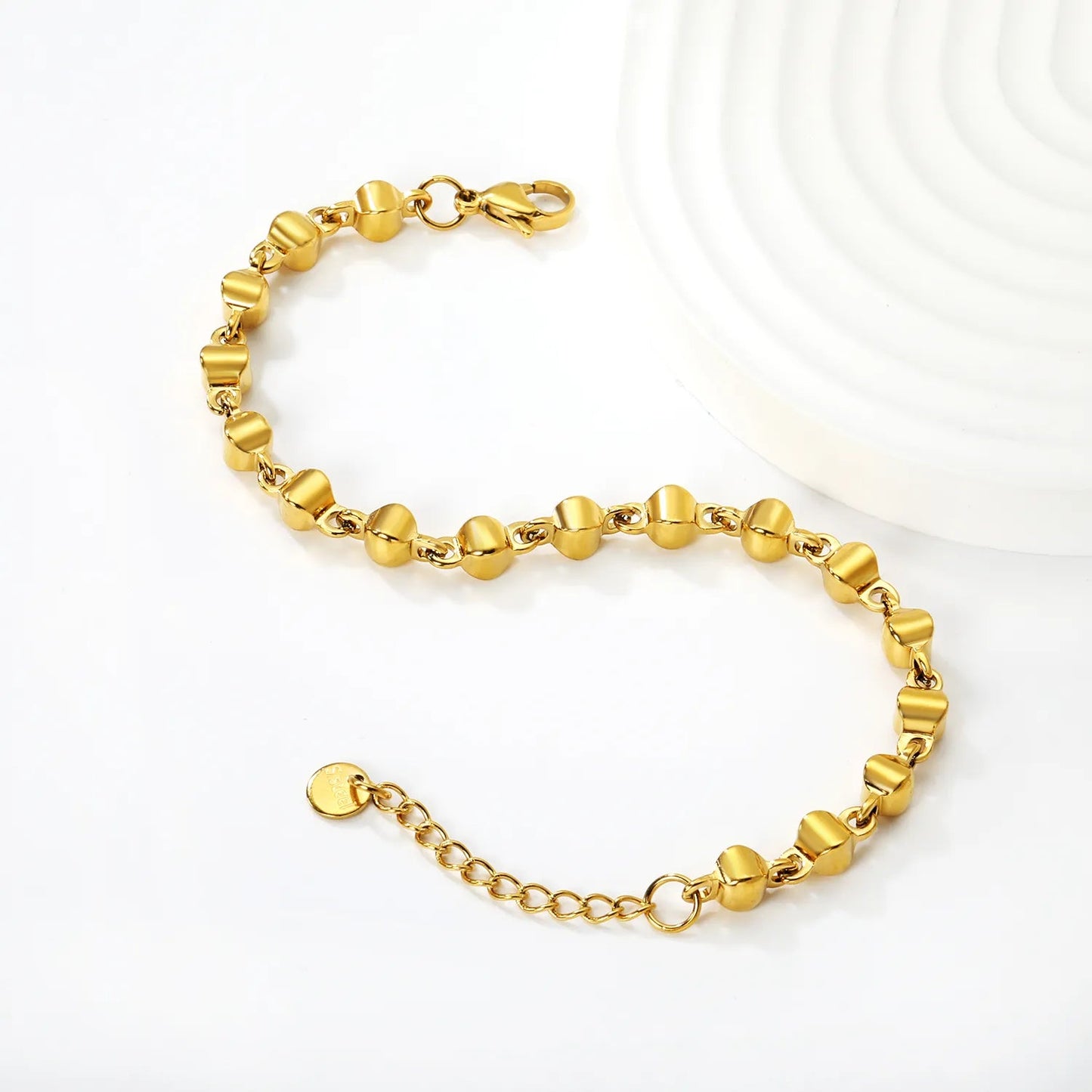 Width 5mm, thickness 5mm, special-shaped bead-link chain, 18+3cm+6mm round tail label, bracelet, steel color/golden asonjewelry