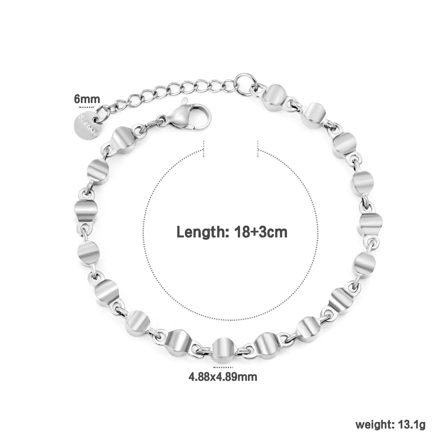 Width 5mm, thickness 5mm, special-shaped bead-link chain, 18+3cm+6mm round tail label, bracelet, steel color/golden asonjewelry