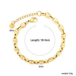 Width 6mm, thickness 1mm, oval-day-shaped chain 18+3cm+6mm, round tail tag, bracelet, steel color/golden